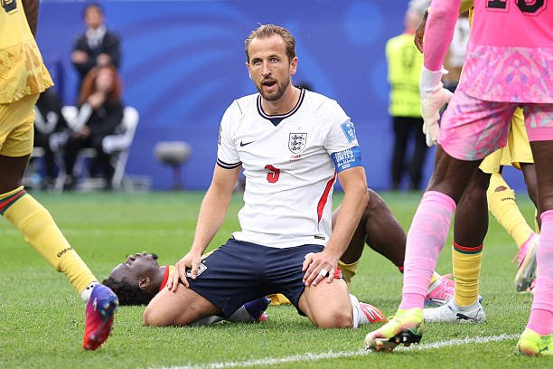 Harry Kane of England reacts after a missed chance during the FIFA World Cup 2026 Group L match between England and Ghana at Boston Stadium on June...