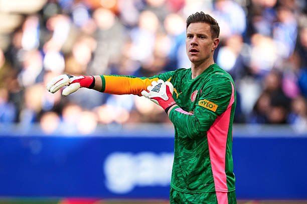 Marc-Andre ter Stegen of Girona FC looks on during the LaLiga EA Sports match between Real Oviedo and Girona FC at Carlos Tartiere on January 31,...
