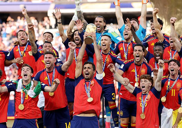 Rodri of Spain lifts the FIFA World Cup Winner’s Trophy after the team’s victory following during the FIFA World Cup 2026 Final match between Spain...