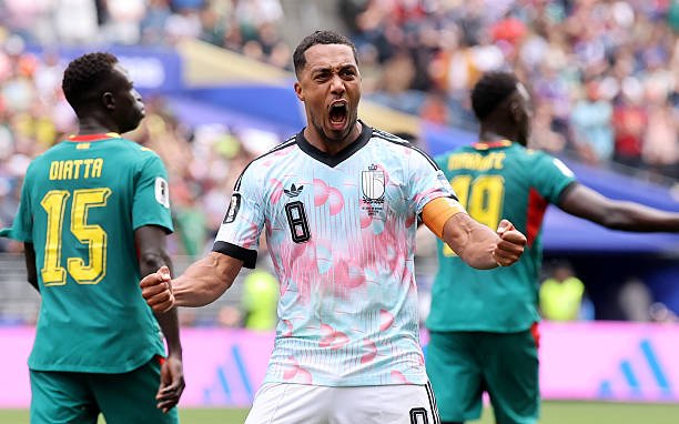 Youri Tielemans of Belgium celebrates scoring his team's second goal during the FIFA World Cup 2026 Round Of 32 match between Belgium and Senegal at...
