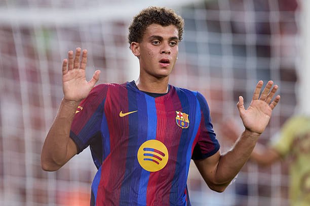 Hamza Abdelkarim of FC Barcelona celebrates after scoring his team’s first goal during the Joan Gamper Trophy match between FC Barcelona and Al Ahly...
