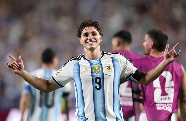 Julian Alvarez of Argentina celebrates scoring his team's second goal during the FIFA World Cup 2026 Quarter Final match between Argentina and...