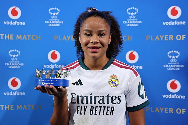Felicia Schroeder of Real Madrid poses for a photo with the Vodafone Player Of The Match Award after the UEFA Women's Champions League 2026/27 League...