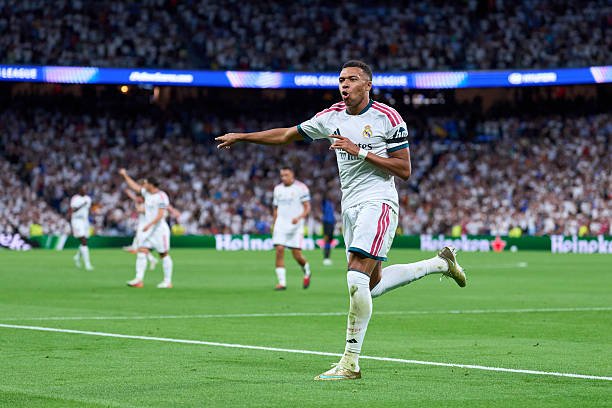 Kylian Mbappe of Real Madrid C.F. Celebrates after scoring his team's first goal during the UEFA Champions League 2026/27 League Phase MD1 match...