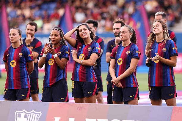 Carla Julia, Vicky Lopez, Kika Nazareth, Ewa Pajor and Clara Serrajordi of FC Barcelona look on during the Joan Gamper Trophy, football match played...